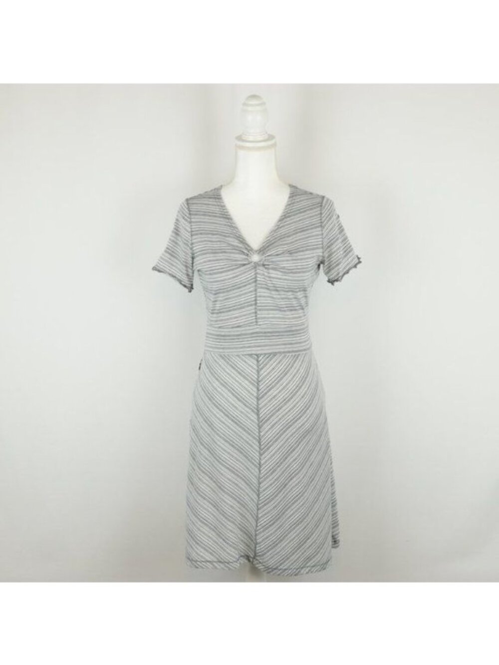Exofficio Women's XS Gray White Striped V-Neck Short Sleeve Knit Jersey Dress